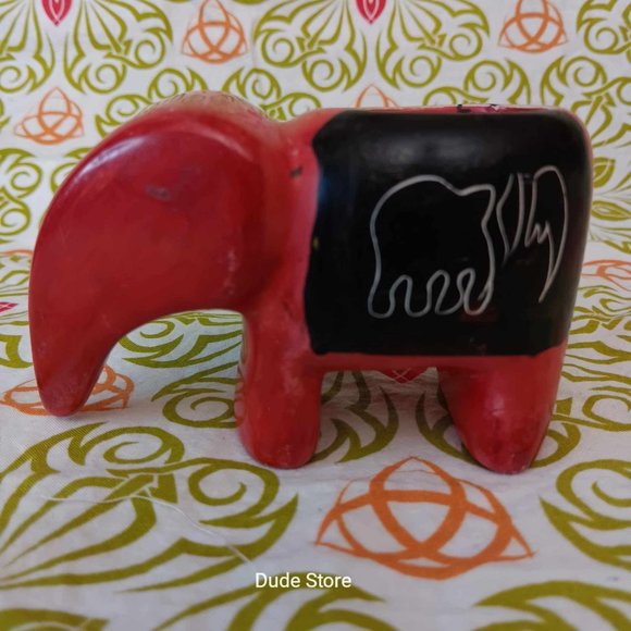 Soapstone 4.5" Elephant Red & Black Votive Candle Holder - Hand Cut & Painted - Picture 3 of 8
